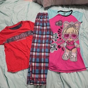 girls size 10-12 clothing bundle of 3, pajamas and a t-shirt